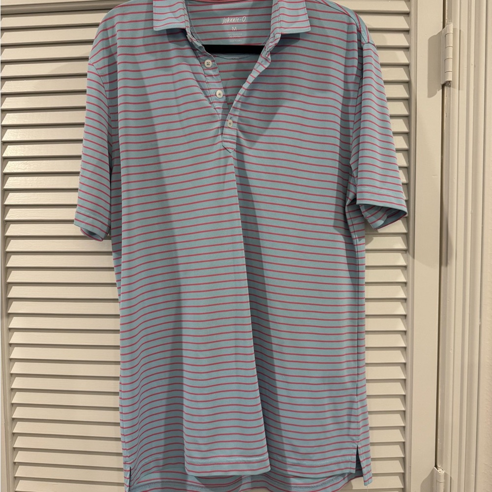 johnnie-O Light Blue and Pink Striped Polo Shirt